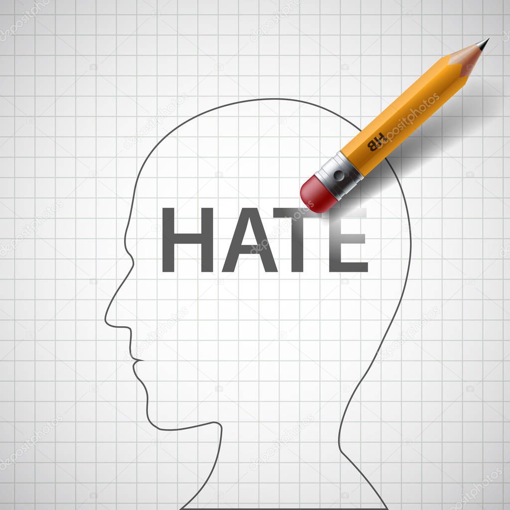 Pencil erases in the human head the word hate
