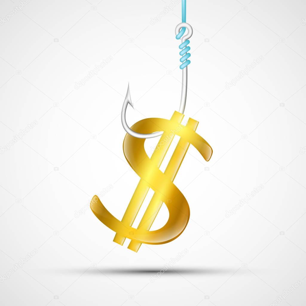 dollar sign hanging on a fishing hook