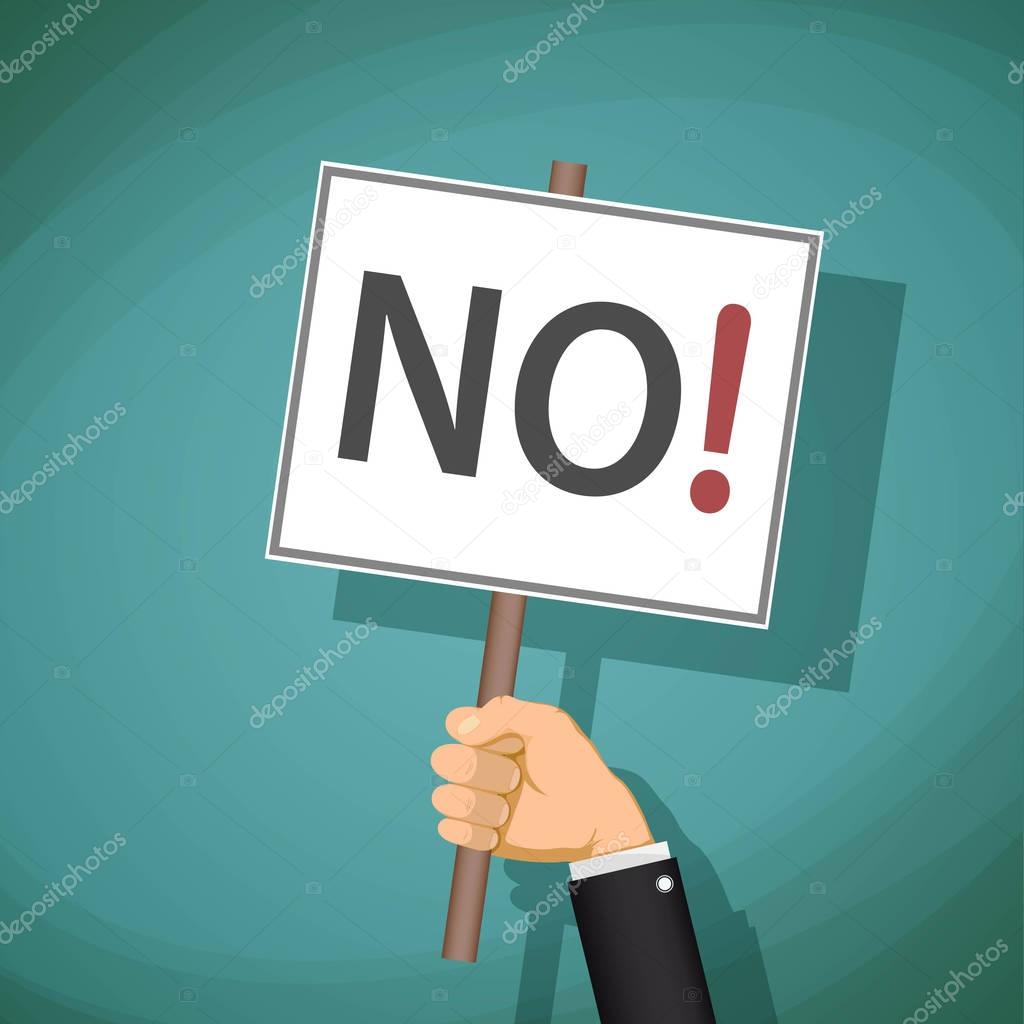 Man holding a sign with the word no