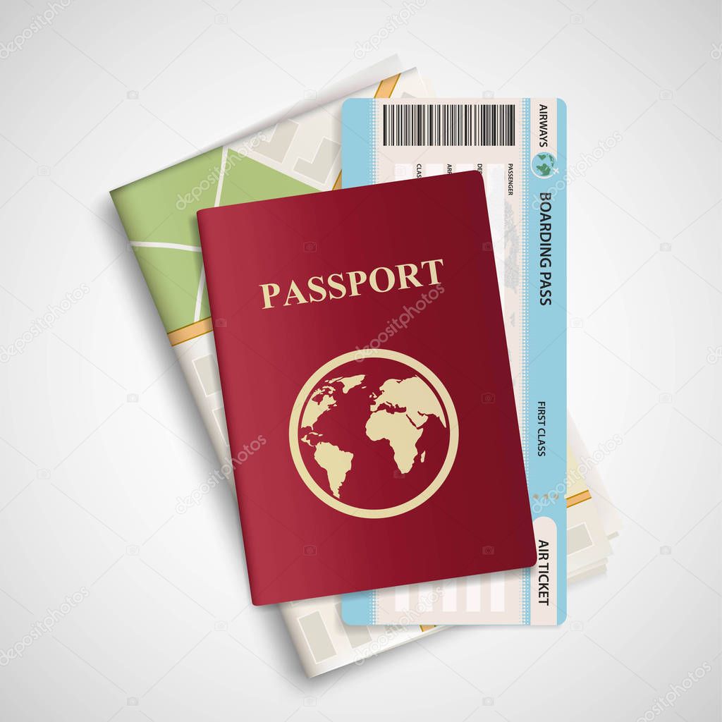 Passport with airplane ticket and map