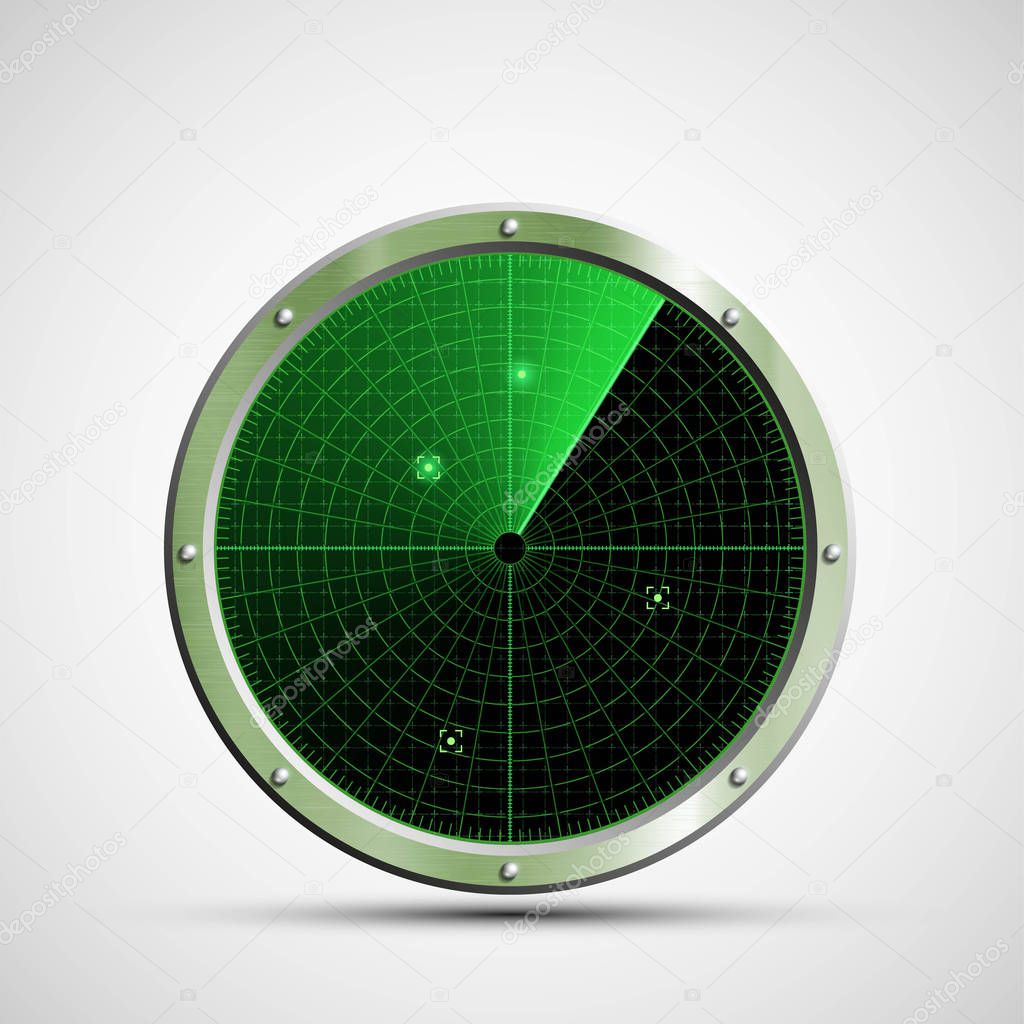 Icon of green military radar on the screen. Stock illustration.