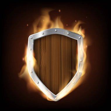 icon military wooden shield is burning.  clipart