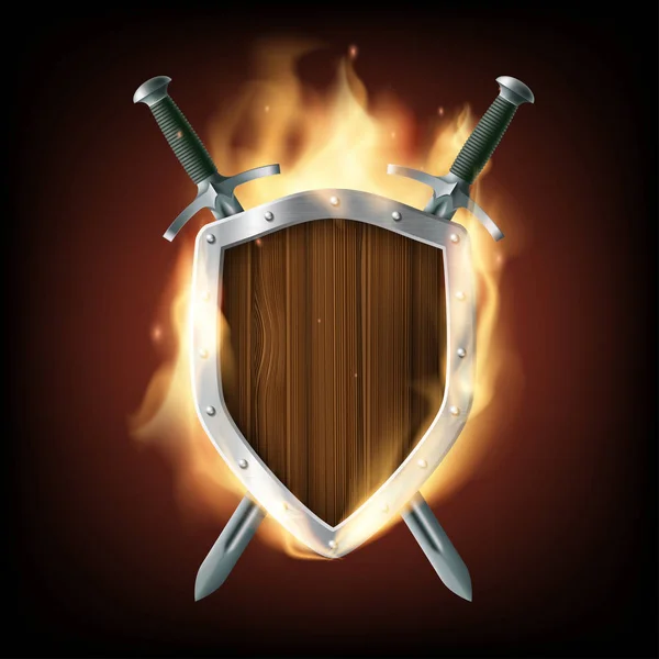 Escudo de madeira com espadas em chamas . — Vetor de Stock
