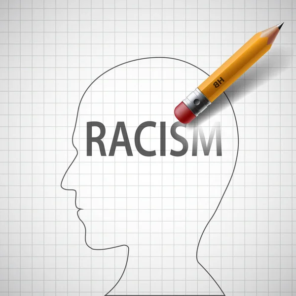 Lápiz borra en la cabeza humana la palabra racismo . — Vector de stock
