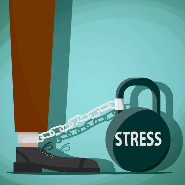 Man vastgeketend aan kettlebell met het woord stress — Stockvector