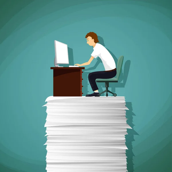 Homem sentado no local de trabalho numa pilha de papel. Número de unidades populacionais — Vetor de Stock