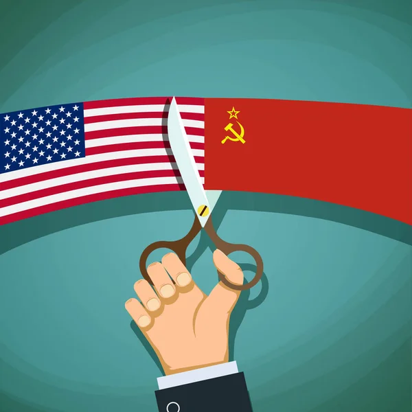 Человеческая рука с ножницами режет флаг США и СССР. Холодная Ва — стоковый вектор