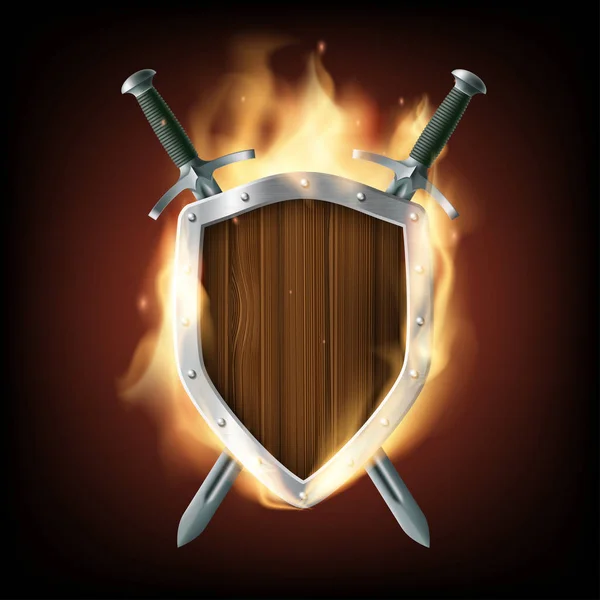 Escudo de madera con espadas en el fuego . — Vector de stock