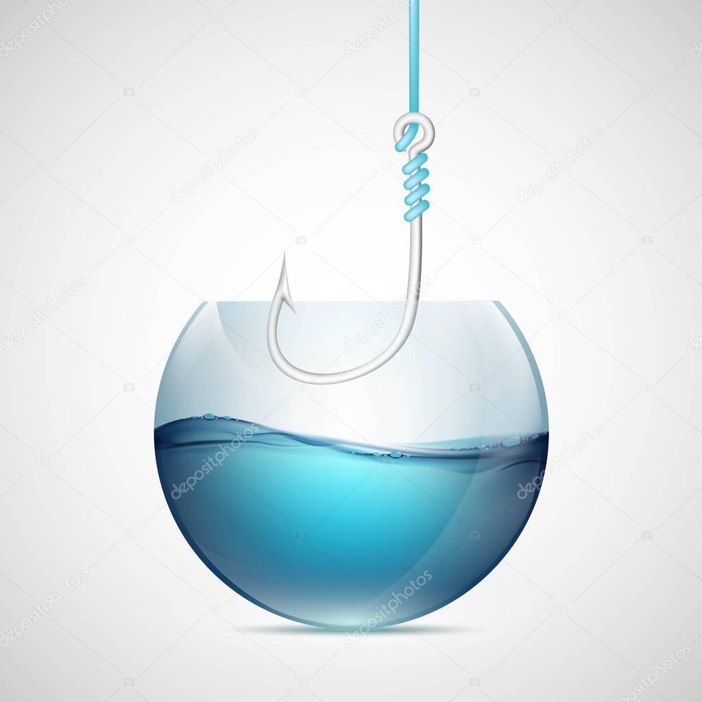 Fishing hook in an empty aquarium with water. 