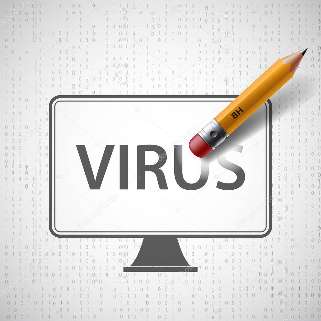 Pencil erases in the monitor the word virus. 