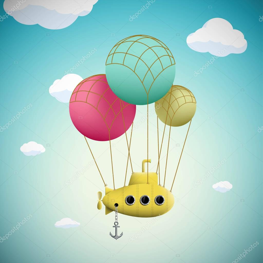 Submarine on the balloons flying in the sky. Stock vector fantas