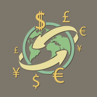 Uluslararası para birimi para transferleri. Hisse senedi vektör illustratio