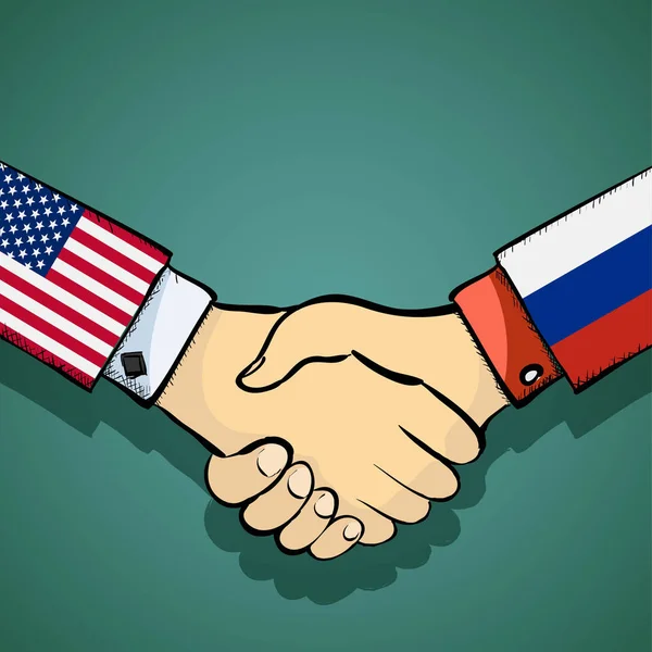 Un apretón de manos de dos personas. Política entre Estados Unidos y Rusia. Población — Vector de stock