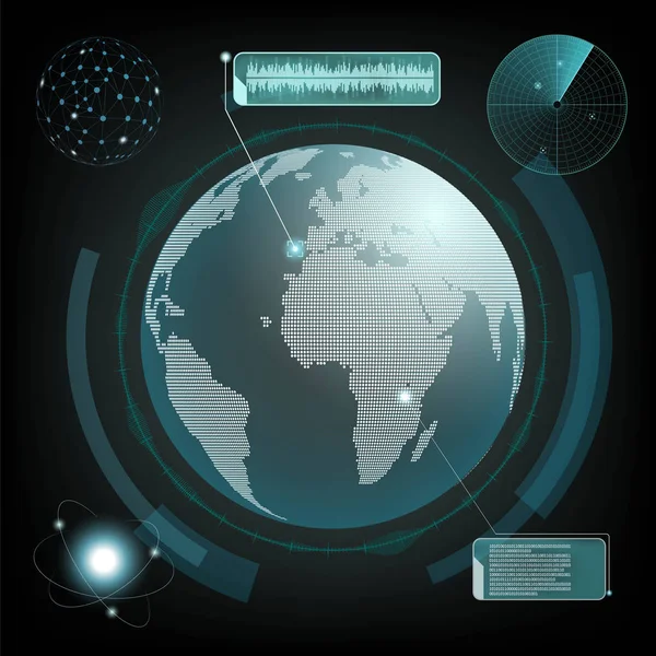 Interface HUD avec la planète Terre et le radar. Réseau informatique et — Image vectorielle