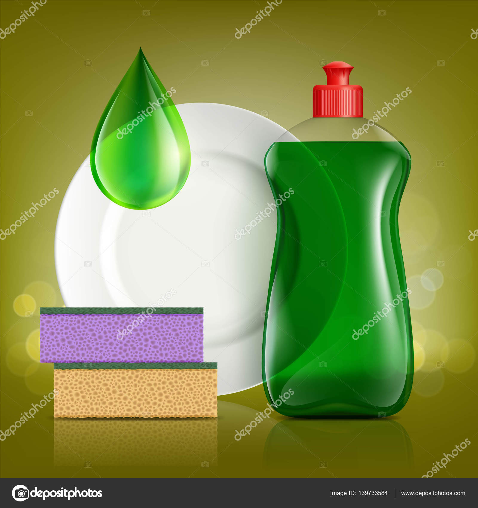 Plastic bottle with soap for washing utensils, plate and sponge. Stock
