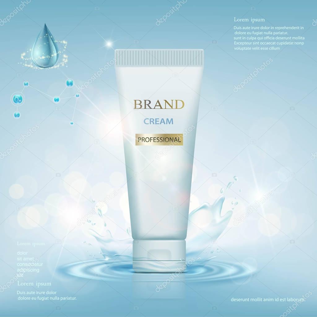 Container with cream on a background of water with a splash.