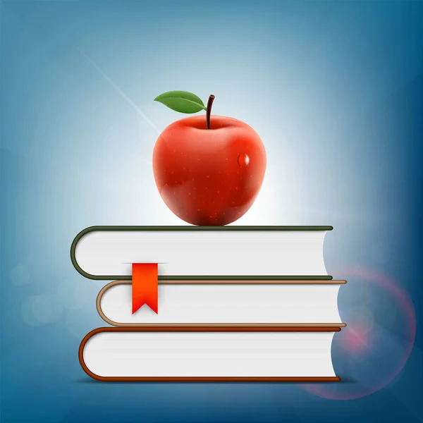 Красное яблоко лежит на куче книг . — стоковый вектор