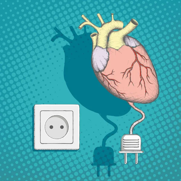 Coração humano com tomada e tomada elétrica . — Vetor de Stock