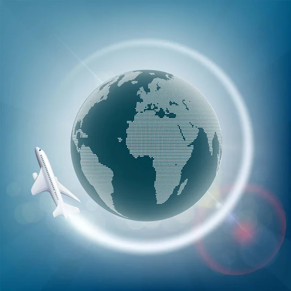 Plane flies around the planet earth. — Stock Vector