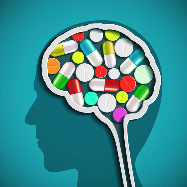 Cabeza humana con cerebro y pastillas — Archivo Imágenes Vectoriales