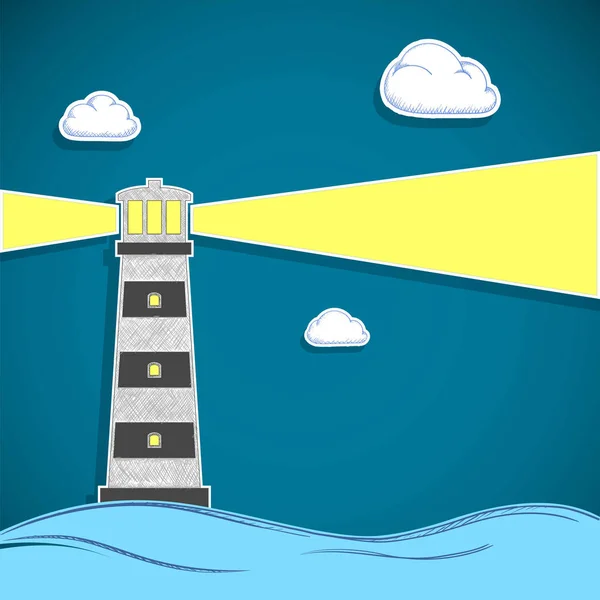 Bâtiment phare avec un projecteur dans la mer — Image vectorielle