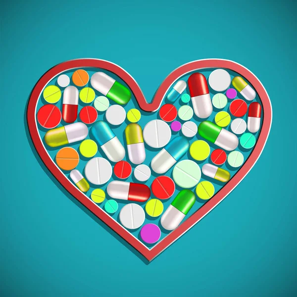 Человеческое сердце с таблетками и таблетками — стоковый вектор