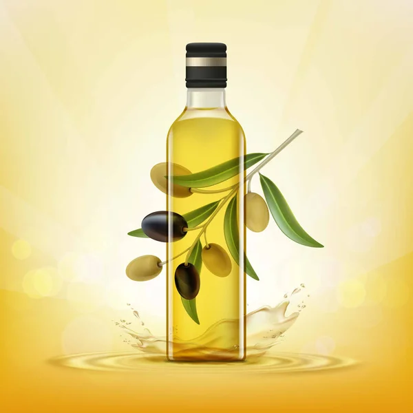 Скляна пляшка з олією та оливками з листям на гілці . — стоковий вектор