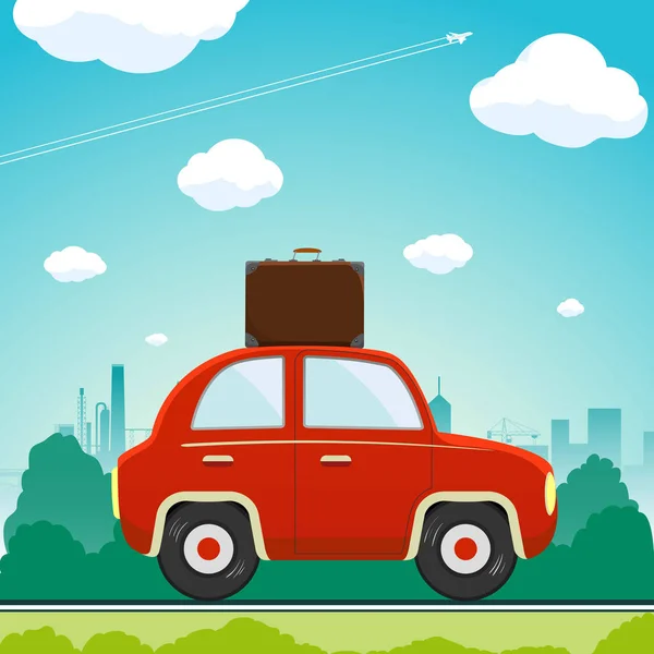 Car with suitcase driving along road. — Stock Vector