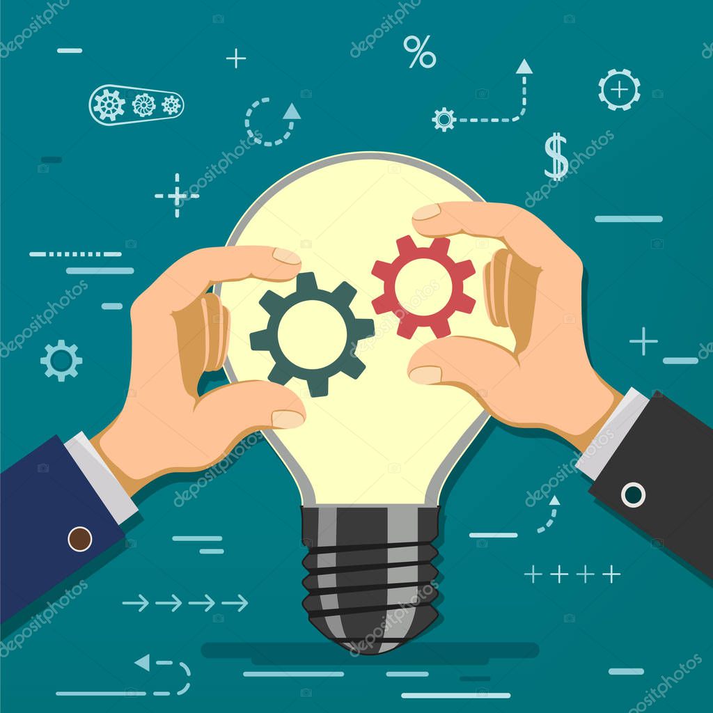 Two businessmen holding gears in hands on the background of a light bulb. Symbol of partnership and cooperation. Financial investments in business and start-up. Stock vector cartoon illustration.