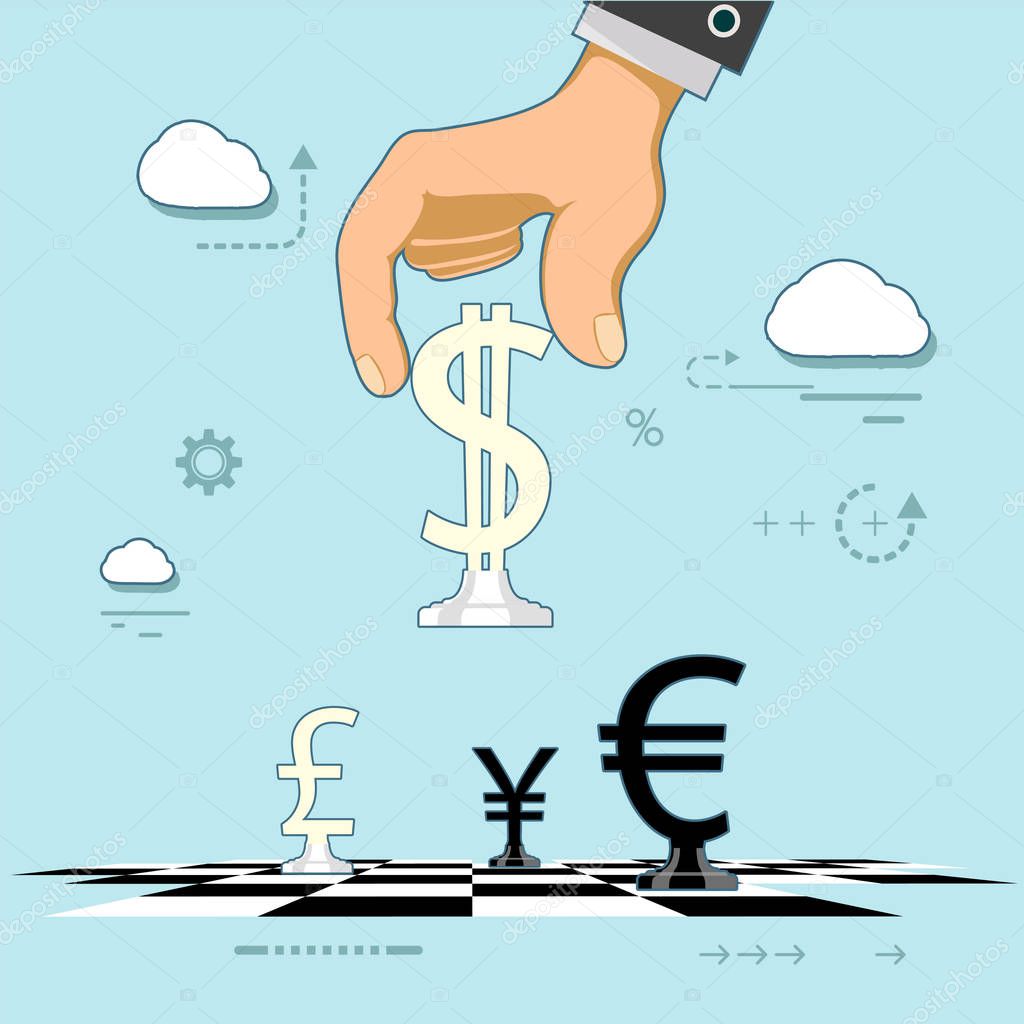 Man playing chess in form of world currencies. Stock exchange and making money. Strategy and development of broker business. Vector illustration.