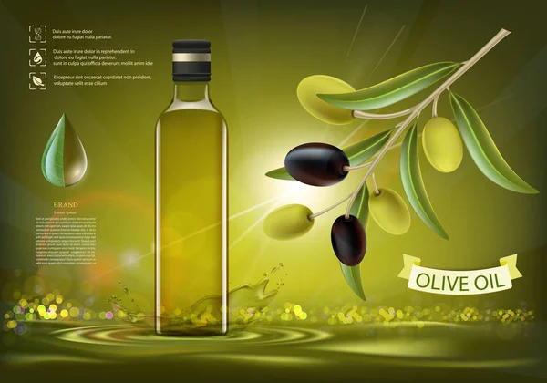 Bouteille en verre avec huile et olives — Image vectorielle