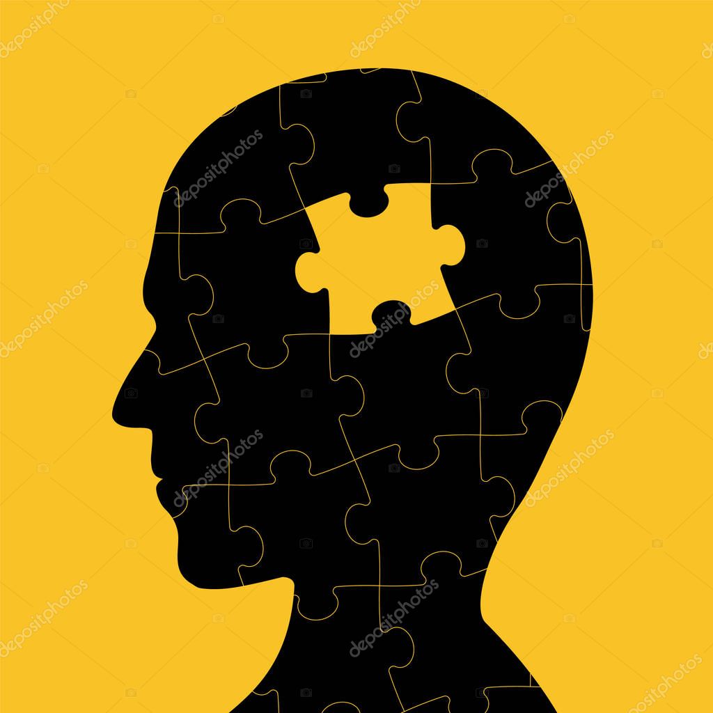 Icon of human head with piece of puzzle inside. Logo of dementia and creative. Stock vector illustration.
