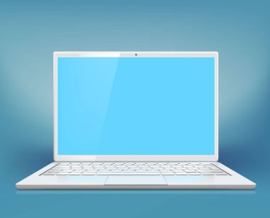 Mavi bir arka plan üzerinde beyaz dizüstü bilgisayar