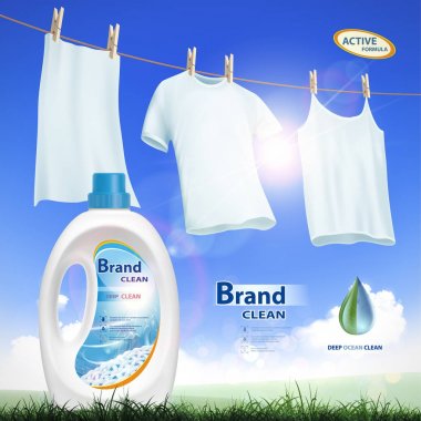 Marka adı reklam afişi plastik konteyner ile deterjan ve ipte asılı beyaz giysiler ile