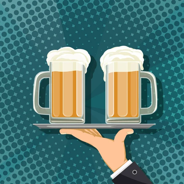 Illustration Dessin Animé Serveur Portant Des Tasses Avec Bière Sur — Image vectorielle