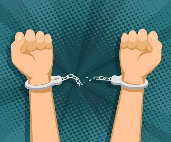 Human Hands Broken Handcuffs Torn Chains — Stock Vector