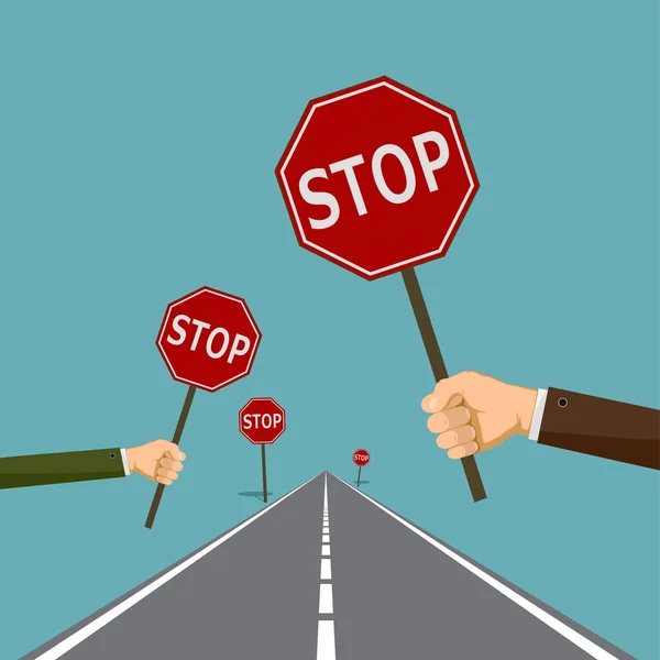 Ανθρώπινα Χέρια Κρατώντας Οδικές Πινακίδες Stop Επιχειρηματική Ιδέα — Διανυσματικό Αρχείο