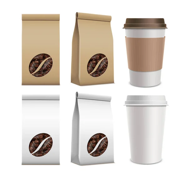 Koffiebonen en plastic verpakkingen. — Stockvector