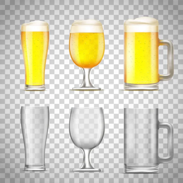 Set Bicchieri Birra Brocca Vuoti Con Alcool Fondo Trasparente Illustrazione — Vettoriale Stock