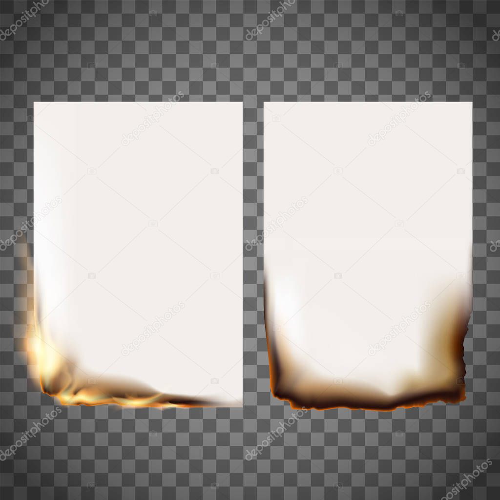 Set of burning sheet of paper and smoldering. Stock Vector Illustration on a transparent background.
