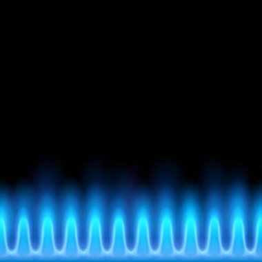 Siyah bir arka plan üzerinde izole bütan mavi alevi. Arka plan ile yanan gaz bir soba var. Hisse senedi vektör çizim.