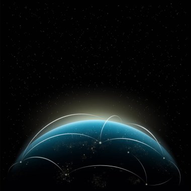 Küresel ağ dünya üzerinden vektör çizim tasarımı. Seyyare yerküre ve gündoğumu.