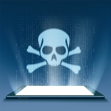 Kafatası ve kemiklerin üstünde belgili tanımlık perde ile akıllı telefon. Siber Suçlar. Virüs saldırısı. Hisse senedi vektör çizim.