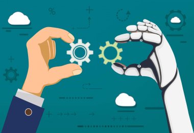 İnsan eli ve Gears'ı tutan bir robot. Geliştirme ve yenilik teknoloji. Hisse senedi düz grafik illüstrasyon vektör.