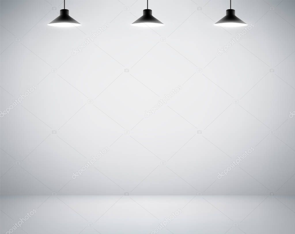 Empty white wall. Blank room is illuminated by lamps. Background for advertising indoors. Stock vector illustration.