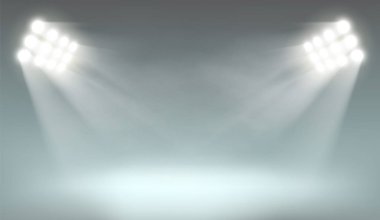 Projektör koyu arka plan aydınlatır. Lambalar için sunu şablonu. Hisse senedi vektör çizim.