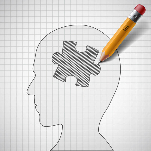 Pencil draws a piece of the puzzle in the human head. Dementia and creative. Stock vector illustration.