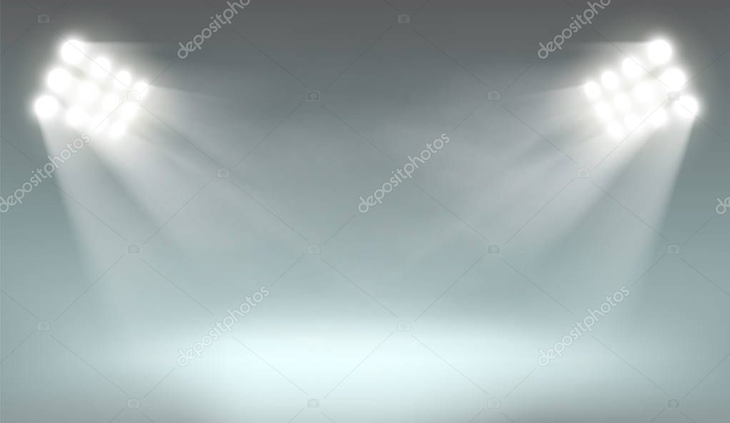 Searchlight illuminates the dark background. Template with lamps for presentation. Stock vector illustration.