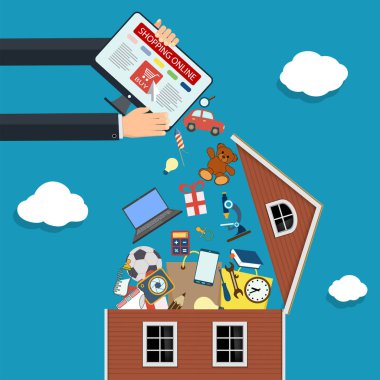 E-ticaret. Online alışveriş. Tatil satış. Ürünler evde. Hisse senedi vektör çizim.