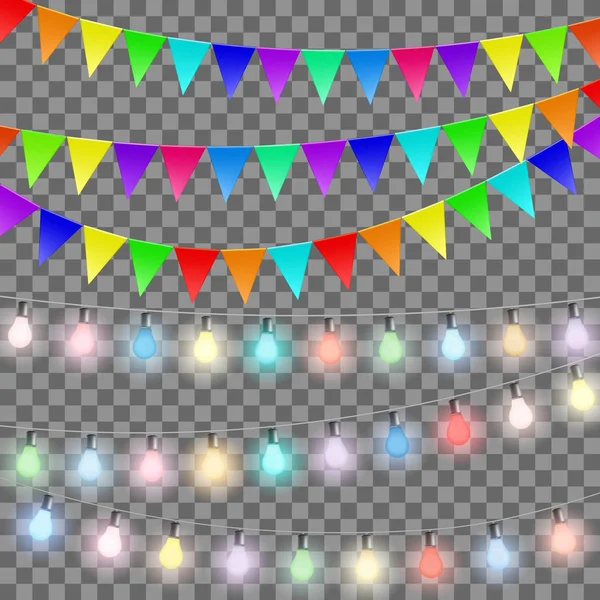 Guirlandes Drapeaux Lampes Colorées Ensemble Décorations Isolées Sur Fond Transparent — Image vectorielle